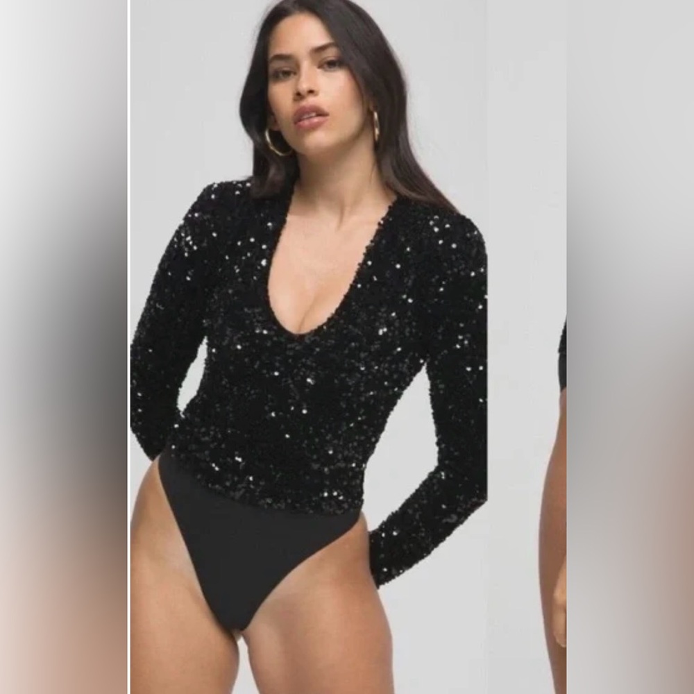 Good American Sequin V-Neck Long Sleeve Bodysuit Black